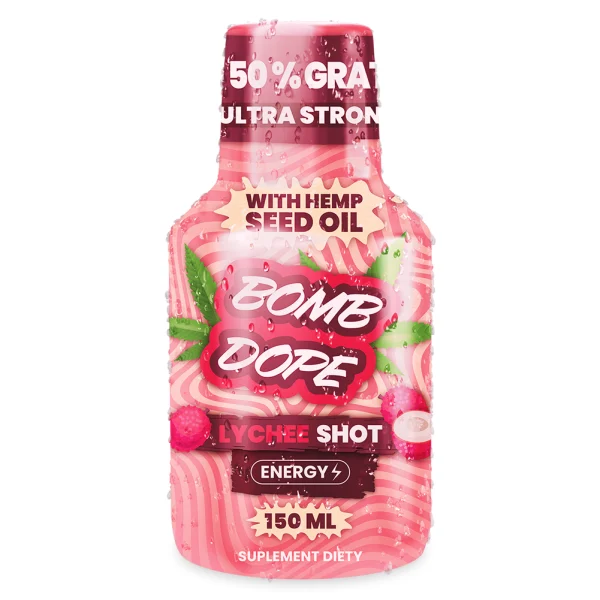 BombDope Lychee Energy 150 ml — shot konopny o egzotycznym smaku liczi, butelka