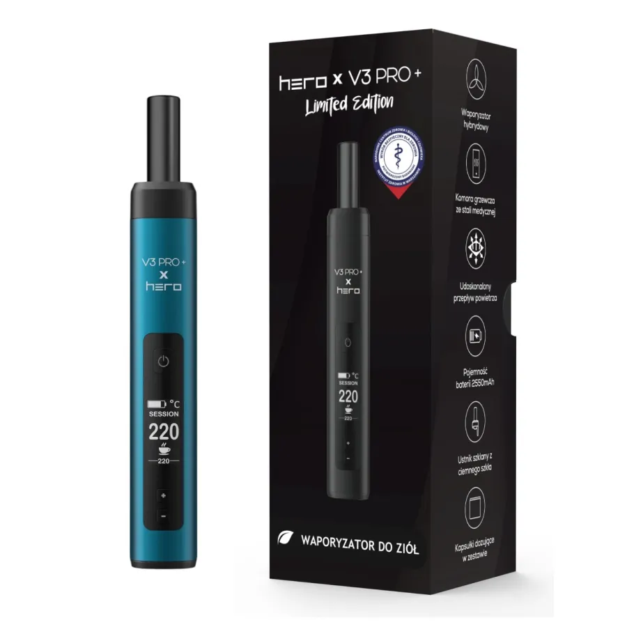 Niebieski waporyzator X-Max V3 PRO+ X HERO obok czarnego pudełka Limited Edition