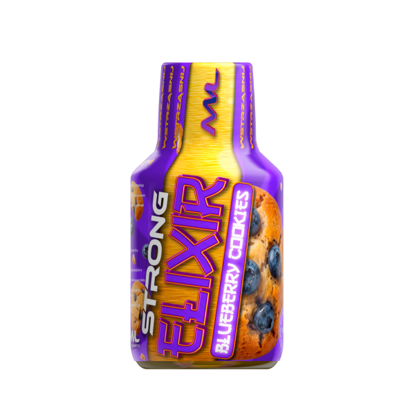 Elixir Panoramixa Blueberry Relax, fioletowa butelka shota konopnego 100 ml na czarnym tle