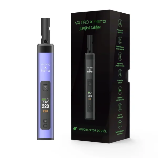 Fioletowo-niebieski waporyzator X-Max V4 PRO X HERO PERI obok czarnego pudełka Limited Edition