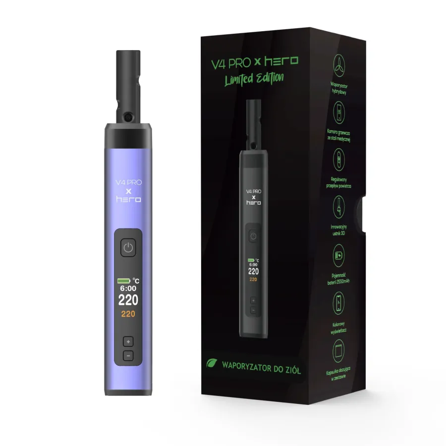 Fioletowo-niebieski waporyzator X-Max V4 PRO X HERO PERI obok czarnego pudełka Limited Edition