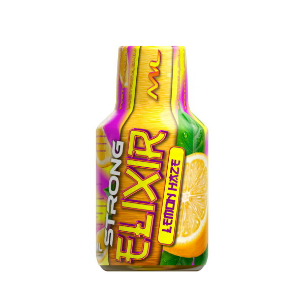 Elixir Panoramixa Energy Lemon, żółto-różowa butelka shota konopnego 100 ml na czarnym tle