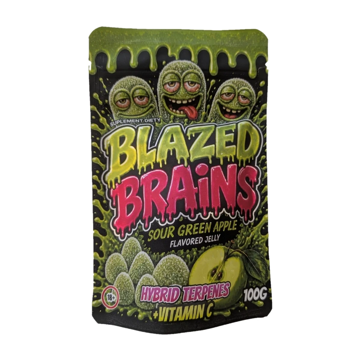 Żelki konopne Blazed Brains Sour Apple - opakowanie 100 g o smaku kwaśnego jabłka, suplement diety 18+