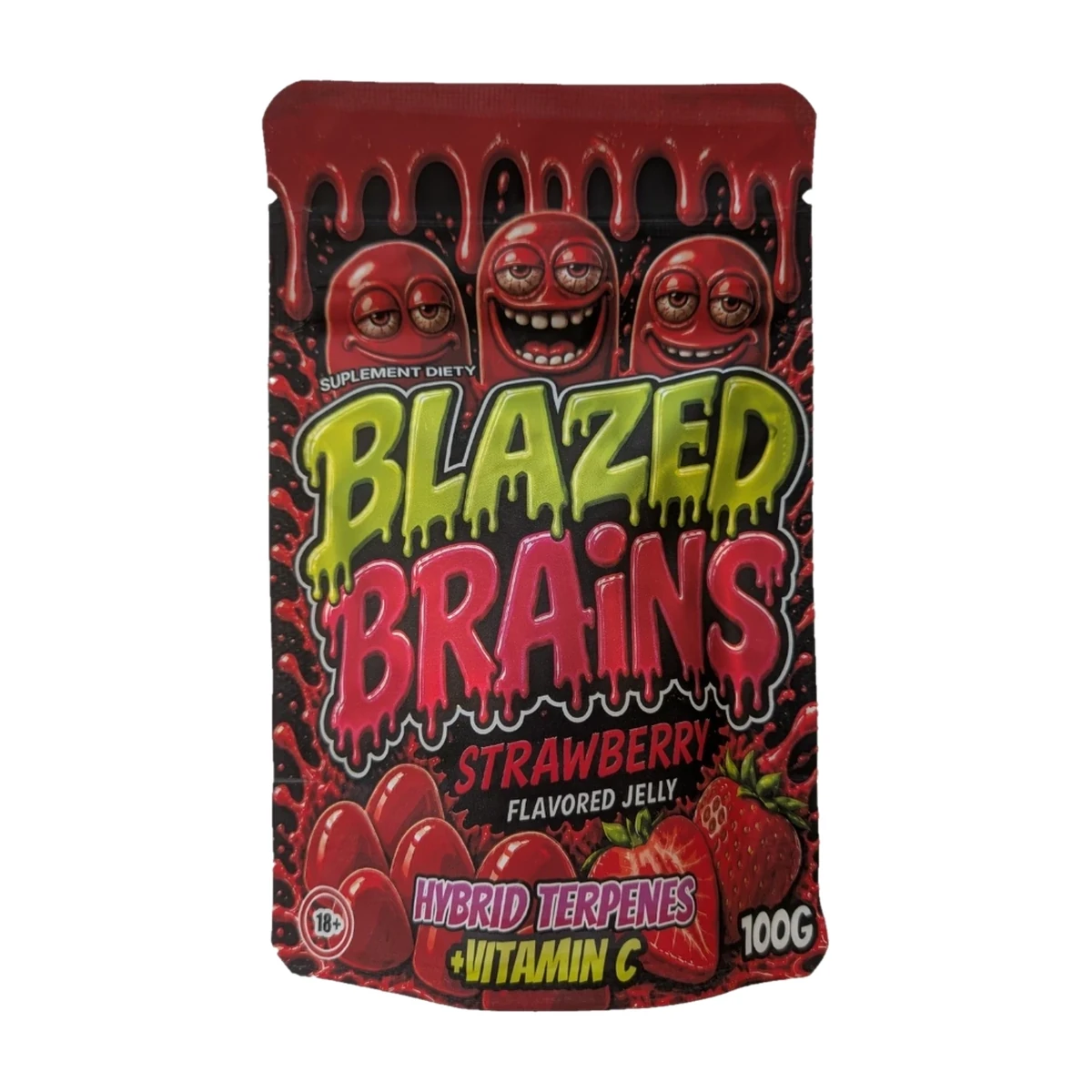 Żelki konopne Blazed Brains Strawberry - opakowanie 100 g o smaku truskawkowym, suplement diety 18+